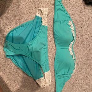 Jessica Simpson Teal Two piece Bathing suit with crochet trim.